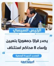 النص البديل للصورة: الرئيس السيسي يصدر قرارًا جمهوريًا بتعيين رؤساء 8 محاكم استئناف صيغة أقصر للسيو: قرارًا جمهوريًا من الرئيس السيسي بتعيين رؤساء 8 محاكم استئناف