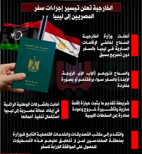 وزارة الخارجية المصرية تقرر تيسير إجراءات سفر مواطنيها إلى ليبيا.